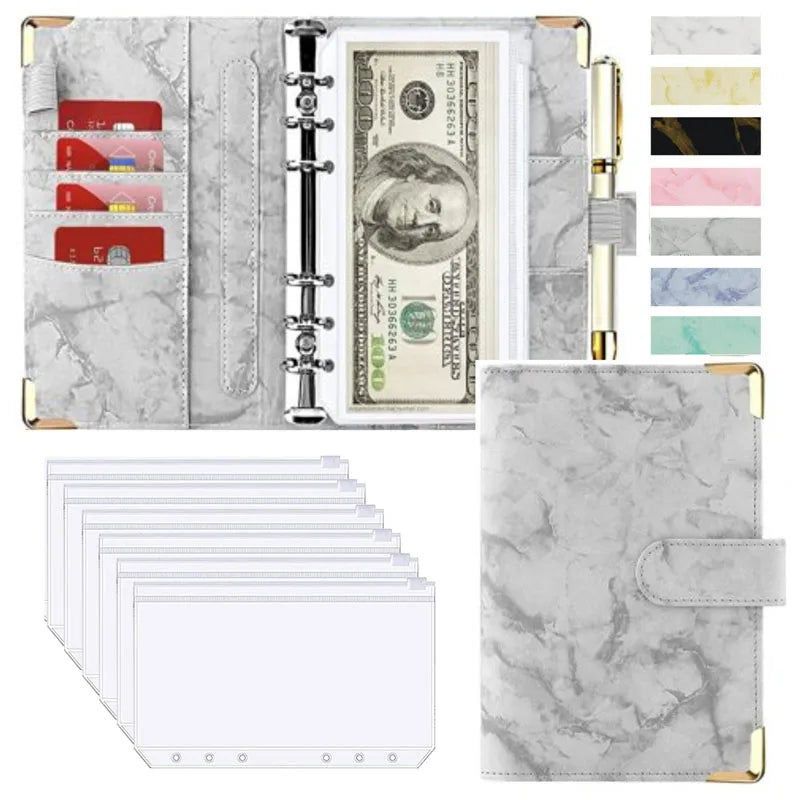 A6 PU Leather Budget Planner – Marble Notebook & Money Saving Organizer for Office, School & Personal Finance