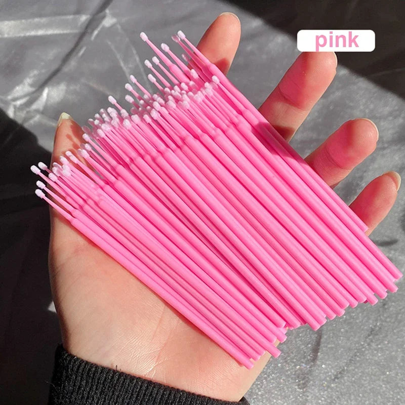 100PCS Eyelash Cleaning Brushes – Micro Cotton Swabs for Lash Extensions & Makeup Removal